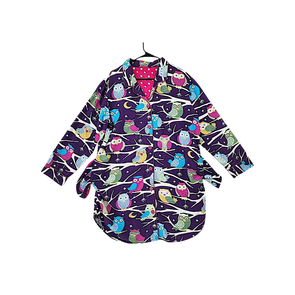 Nick & Nora Nightshirt XL Women Purple Owls Cotton Button Front Sleepwear READ